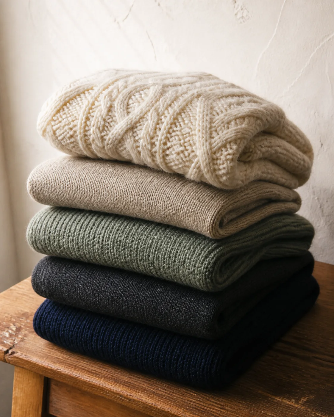 Stack of cream, sage, charcoal, and navy knitwear