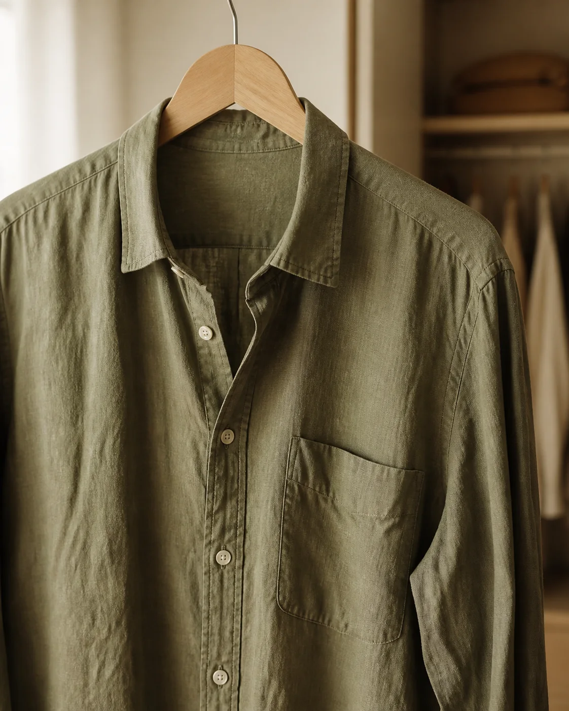 Olive green linen shirt on a wooden hanger