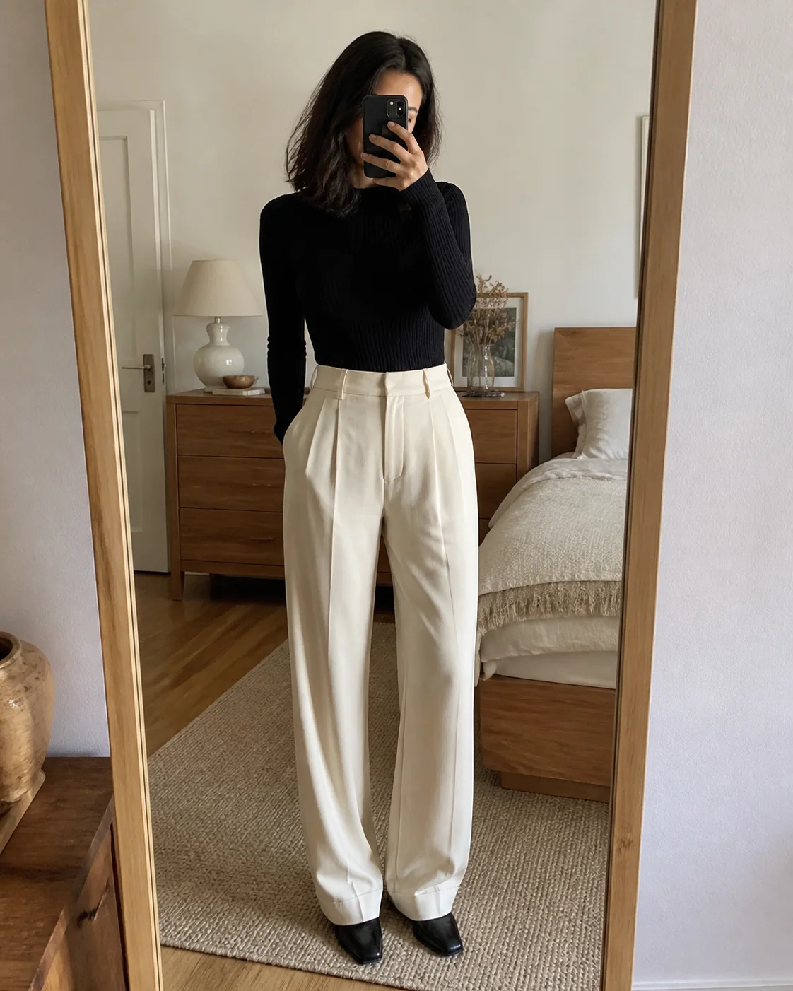Woman taking a mirror selfie in a black top and cream trousers