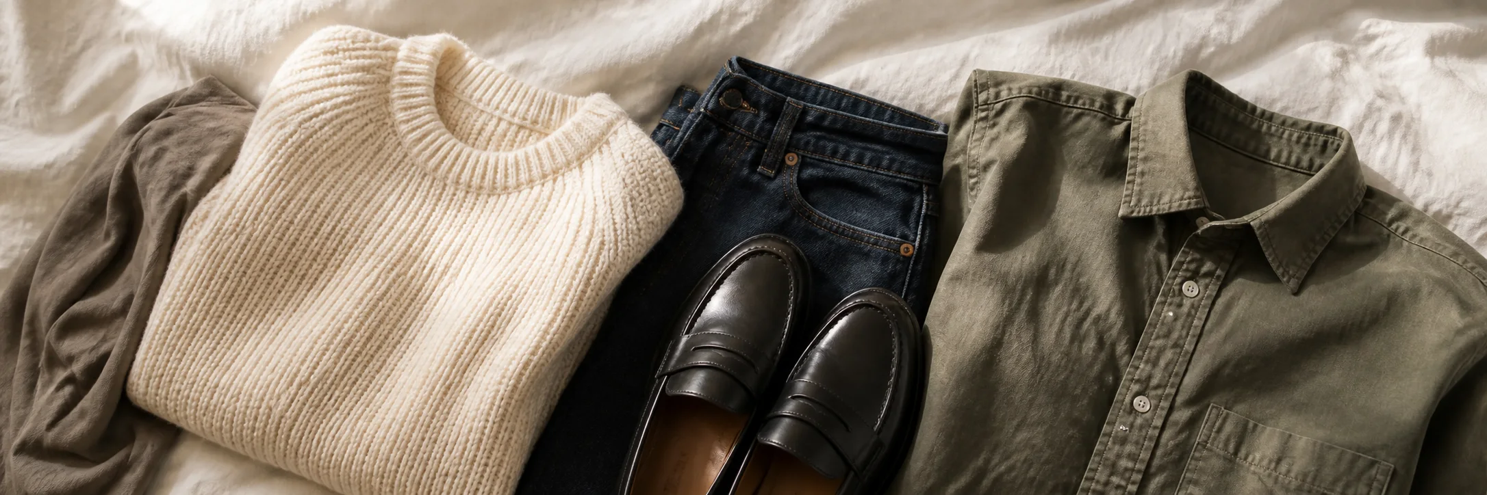 Cream knitwear, jeans, loafers, and an olive shirt arranged into an outfit