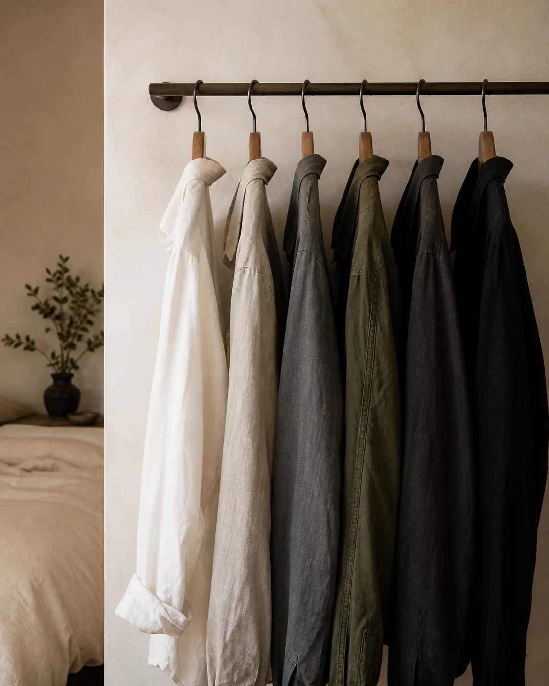 Neutral shirts hanging neatly on a wardrobe rail